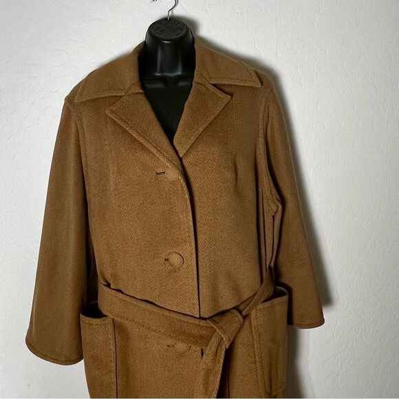 70s CASHMERE WRAP COAT TAN RELAXED MINIMALIST CUSTOM TAILORED XL HERMES XL - Picture 4 of 16